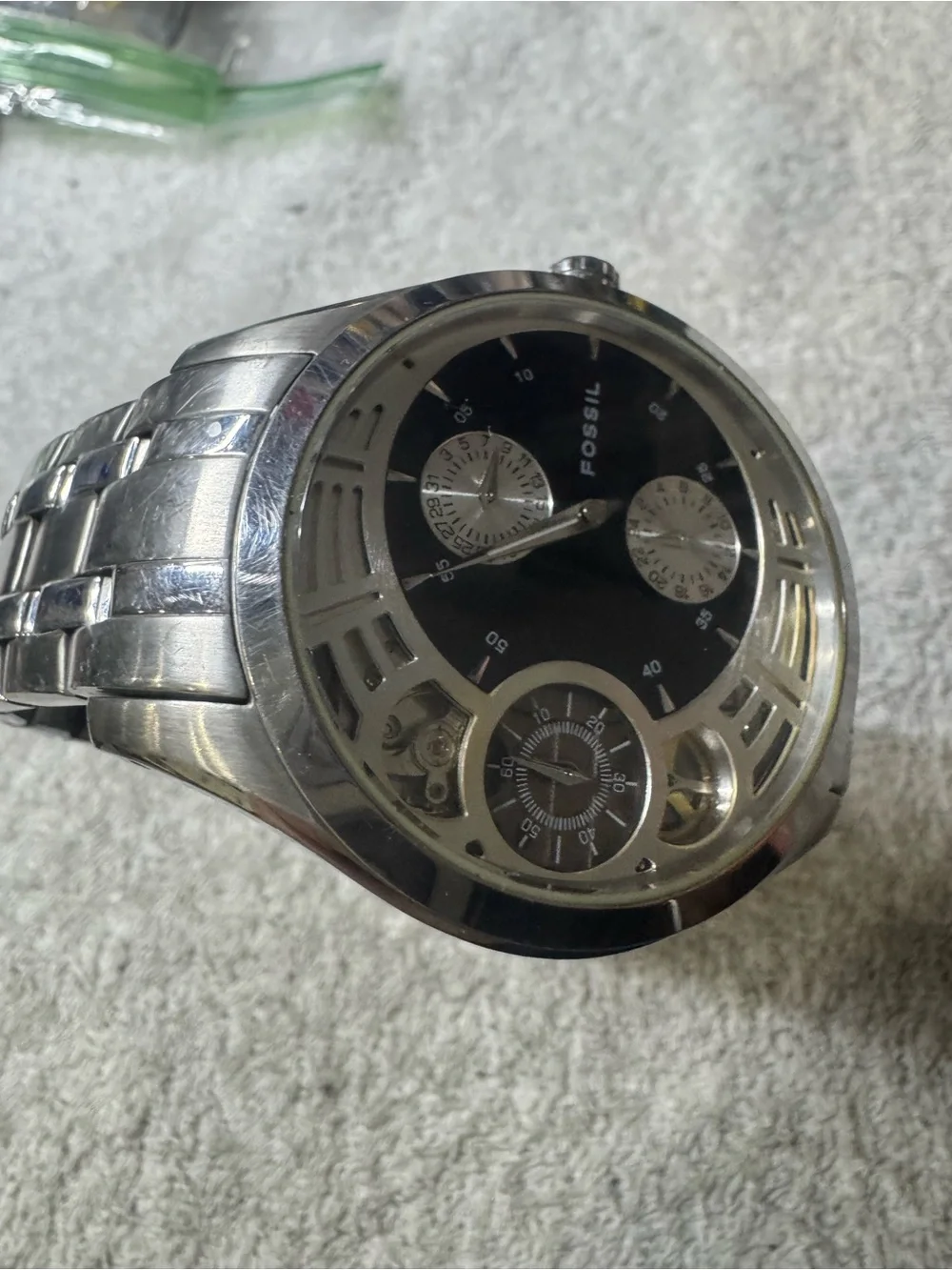 Fossil Men's Silver-Tone Watch with Black Dial and Subdials
